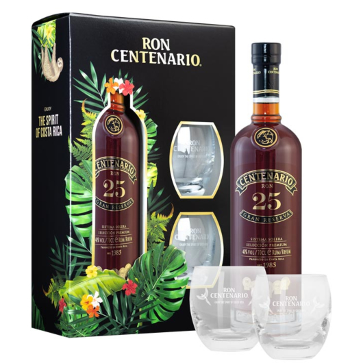 Ron Centenario 25 Gran Reserva Rum / 40 % Vol. / 0,7 l in Geschenkset mit 2 Tumbler-Gläsern