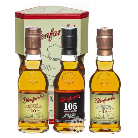 Glenfarclas Miniaturenset 10 YO, 12 YO, 105° Probierset / 40 – 60 % Vol. / 3 x 0,2 Liter-Flasche in Deko-Box