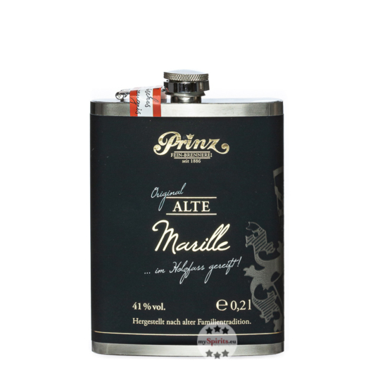 Prinz Flachmann Alte Marille in Holzfass gereift / 41 % Vol. / 0,2 Liter-Flasche aus Edelstahl