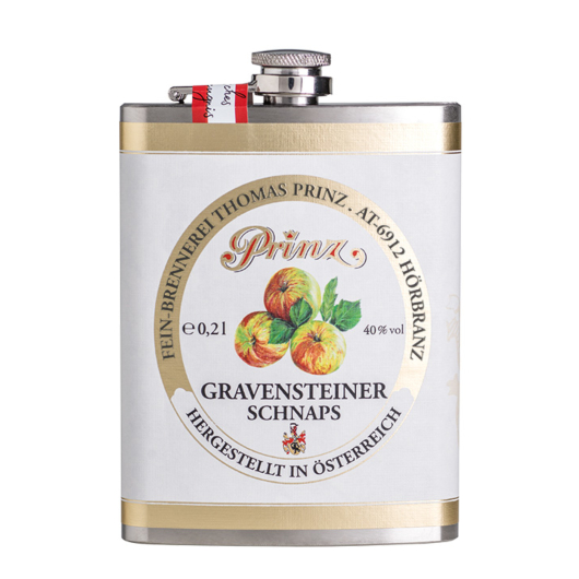 Prinz Flachmann Gravensteiner Schnaps / 40 % vol / 0,2 Liter-Flasche aus Edelstahl