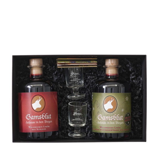 Prinz Geschenk-Set "Gamsblut Duo" / 23 % Vol. / 2 x 0,5 Liter-Flasche & 2 x Hüttenglas