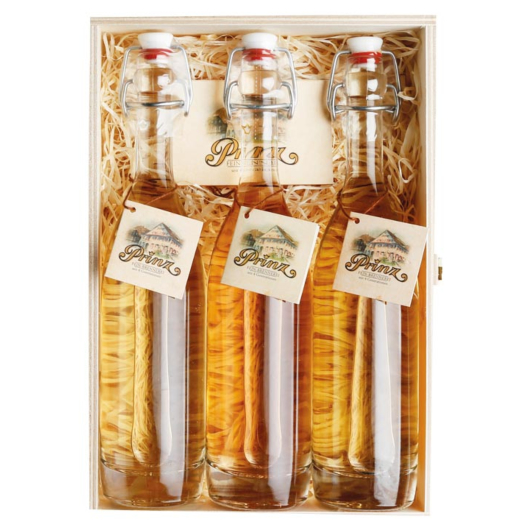 Prinz Geschenkset Altes Trio Prinz Alte Sorten (Williams, Marille & Wald-Himbeere) / 41 % vol / 3*0,2 l in Holzkiste