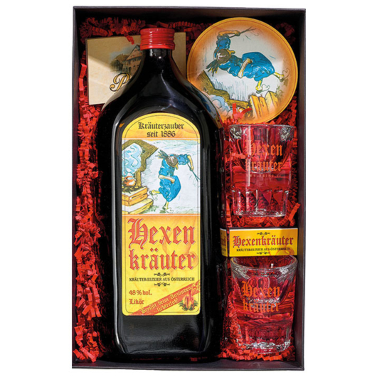 Prinz Geschenk-Set Hexentanz mit Hexenkräuter-Likör / 48 % Vol. / 1,0 Liter-Flasche & Zubehör in Box