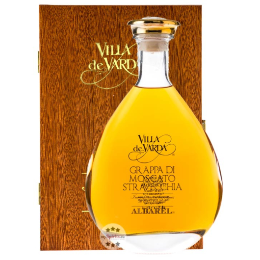 Villa de Varda Grappa Moscato Stravecchia-Albarel / 40% Vol. / 0,7 L Flasche in Mahagoniholzkassette