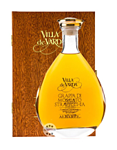 Villa de Varda Grappa Moscato Stravecchia-Albarel Alta Selezione aus dem Barrique / 40 % Vol. / 0,7 Liter-Flasche in Mahagoniholz-Schatulle